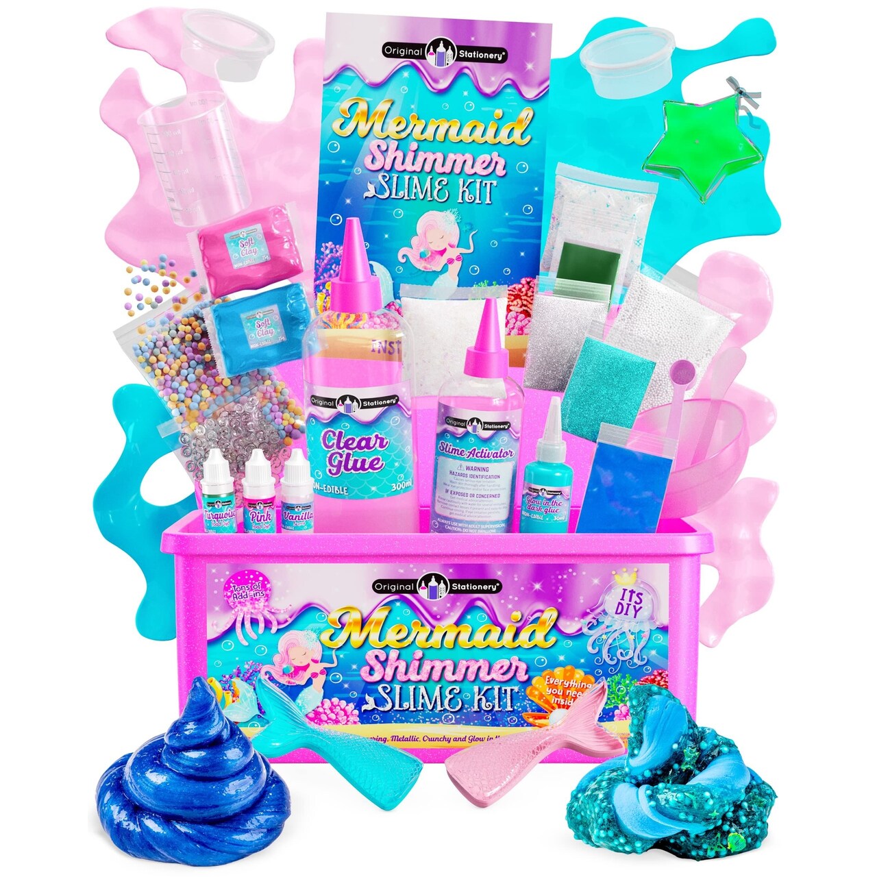 Original Stationery Mermaid Slime Kit for Girls Ages 7–12, DIY Glow-in-The-Dark Slime Set with Shimmer, Foam Beads & Glitter Add-Ins, Fun Creative Craft Activity, Easter for Kids